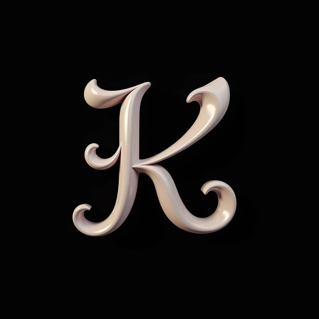 A decorative, curved-style letter K with soft, flowing, and artistic curves, designed to look elegant and unique. The letter should have a smooth and rounded aesthetic with no sharp edges, set against a solid black background. The design should be creative...