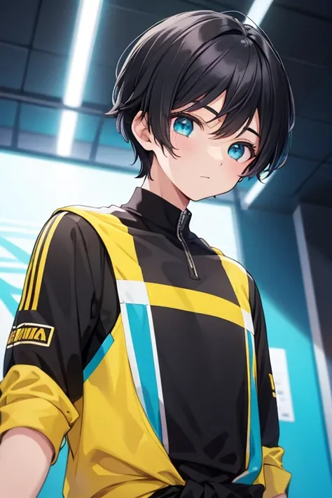  One Beautiful Boy 　Shows up to the waist　cute young face　 black hair　 black hair　 short hair boys hairstyle stupid hair　Turquoise eyes　yellow and black jersey