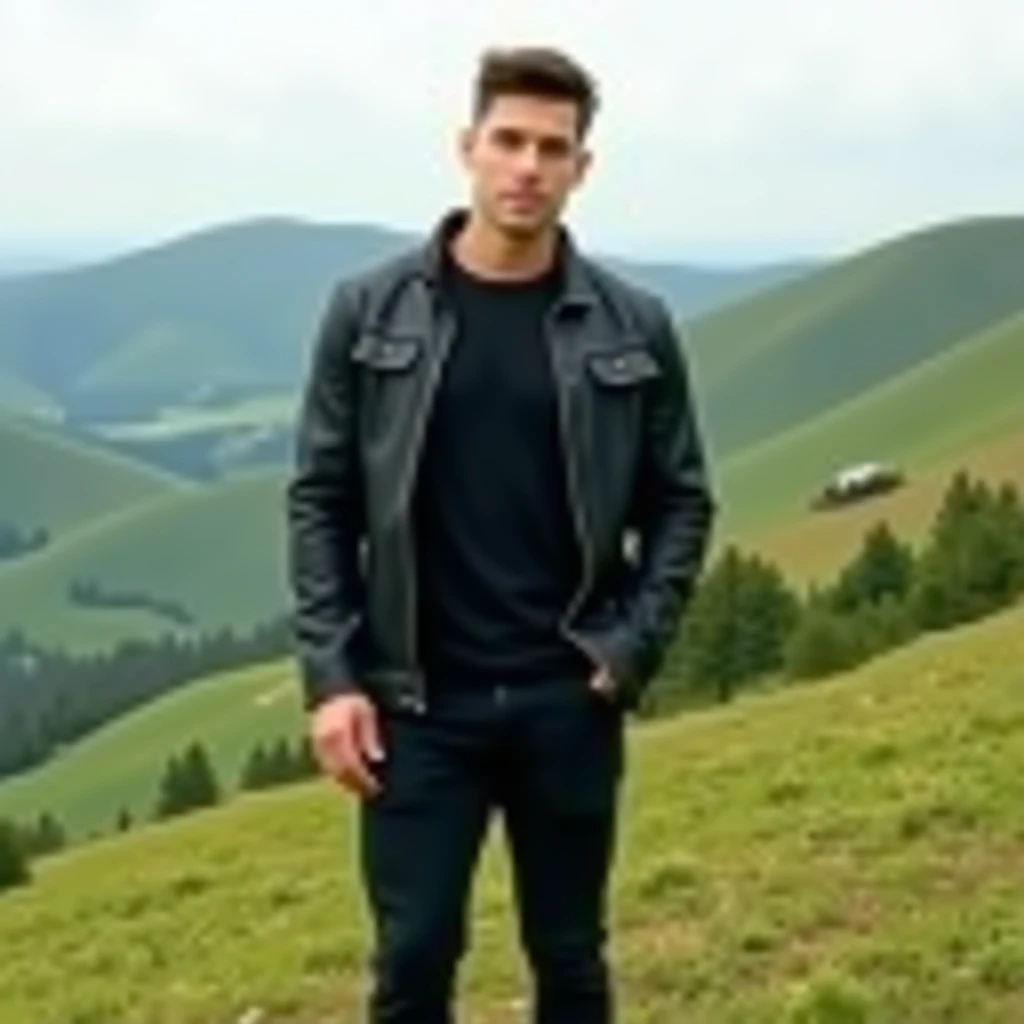 24 year old handsome little muscular boy wearing black t shirt and lether jacket and black pant , standing on hill in normal pose 