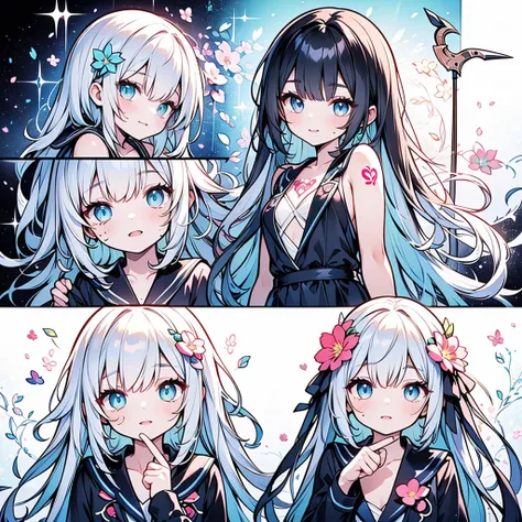 1girl, pretty face、Baby Face、grim Reaper、((( Perfect Anatomy、 Dynamic best composition 、 top quality 、 Highest Masterpieces、 super detailed 、 high definition 、CG,HHD,32K))),NEW STYLE 、 Geometric Neon Color Backgrounds、 Milky White Hair Color 、Black hair or...