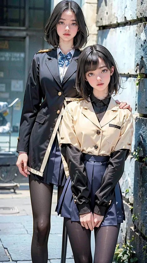 is completely anatomically correct, two young women standing together, Extremely beautiful, beautiful faces, beautiful delicate eyes, black hair, short bob hair、 (((They are wearing the same school uniform,  blazer type uniform 、Black Pantyhose)))、 detaile...