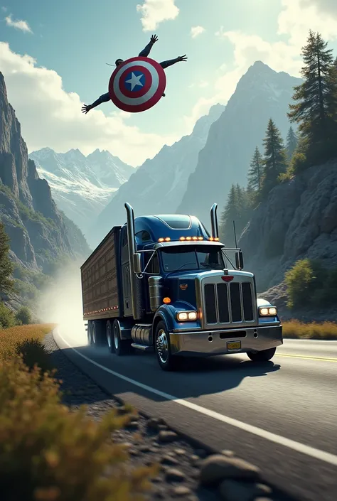 "Captain America’s Steady Race:
"Captain America s truck races smoothly on a winding road, with a large shield design. Captain america  flies overhead, saying, Steady and strong, just like Captain America!"