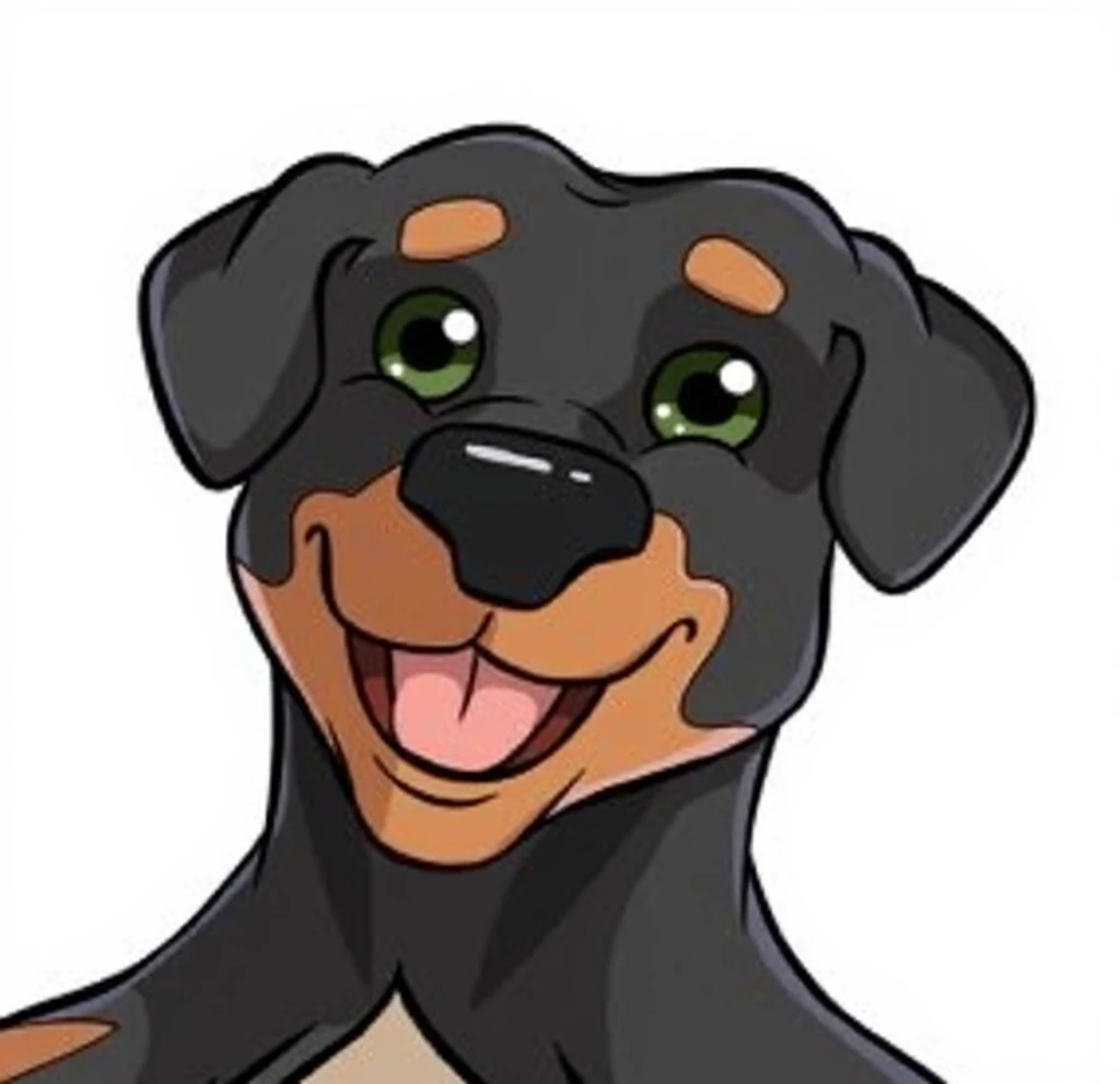  Create a black and brown dog, based on a Rottweiler , with greenish eyes,  like an animated cartoon , for mascot, logo, You must be in a thoughtful position