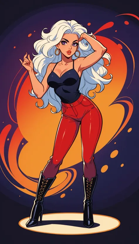 1  ,    white hair long and disheveled hair  ,  purple eyes ,   flowing hair   ,  (  blusa orange com decote,  long red pants tight pants on the hip black high heel boots  ),    big boobs ,   perfect eyes  ,  olhos grandes  ,     upturned nose,Clean face,o...