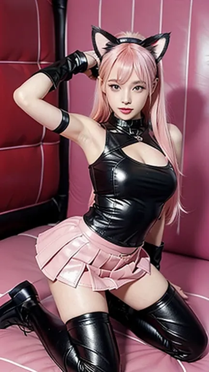 Teenager with pink hair, slim model, pink pleated Leather skirt, Leather arm warmers, knee-high Leather boots, cat ears, bouncy castle, realistic, standing, breasts not covered, femdom, Dominatrix, Sex, Fuck, Love toy 
