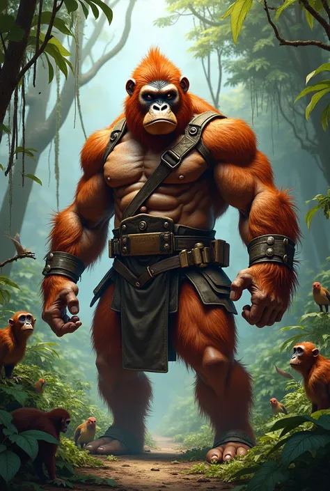  An orangutan face, with a muscular human body , wearing fighters clothing a jungle landscape,and surrounding birds ,and monkeys around 