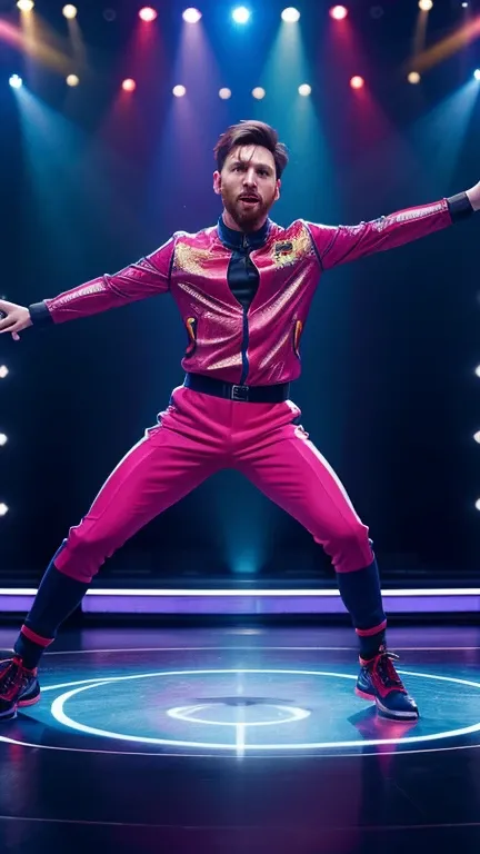 "A hyper-realistic depiction of Lionel Messi in a dance-off competition. Messi is performing a sleek and smooth dance move, spinning gracefully with one arm extended. He is wearing a trendy outfit with athletic elements. The stage is vibrant with colorful ...