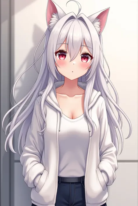 Anime style white hair long cat ear girl high school student white hoodie on tank top cute slightly erotic