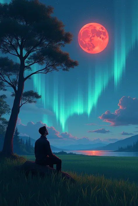 In the evening, a man wearing a black jacket sits next to a large tree in the middle of a rice field while staring at the red moon and the sky that emits auroras