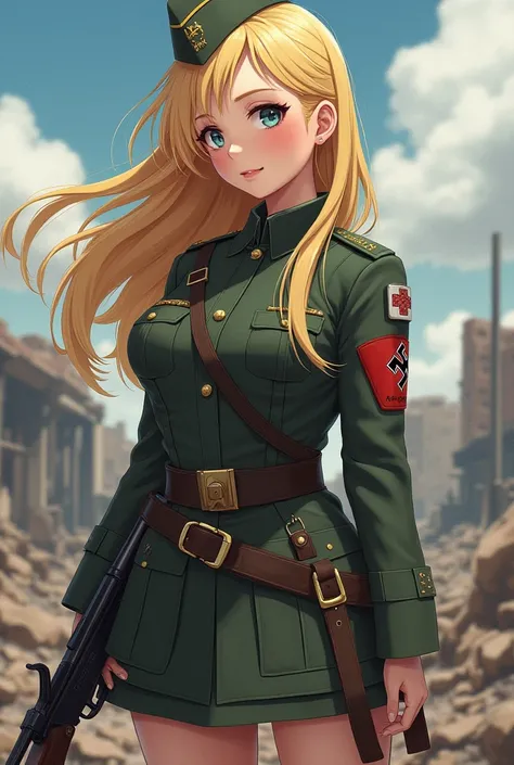 German girl,Soldier,World war ii,yellow hair,, anime style ,beauty,C cup,long hair