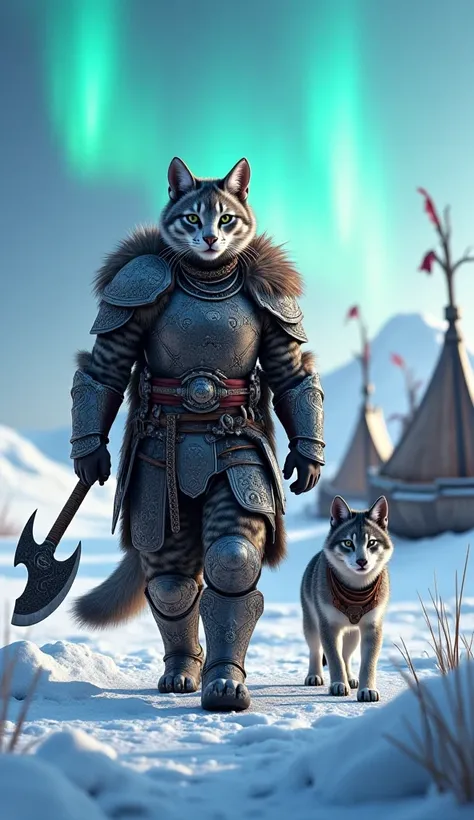 " imagine an anthropomorphic gray spotted cat wearing sturdy Viking armor ,  complete with a horned helmet and a heavy battle axe hanging over his shoulder .  The cat marches across a snowy tundra under the vibrant northern lights .  Walking proudly beside...