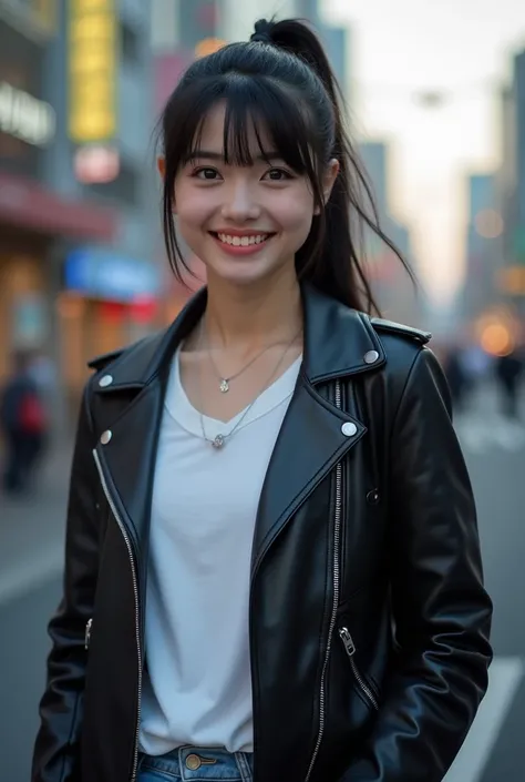 ( masterpiece,  best quality:1.3), ( A young woman , 19 years old, Alone, caucasian,  Black hair tied in a ponytail,  swept bangs , happy smile,  Open mouth, Blue eyes,  perfect eyes:1.1,  Making the bridge pine), ( black leather jacket ,  white t-shirt , ...