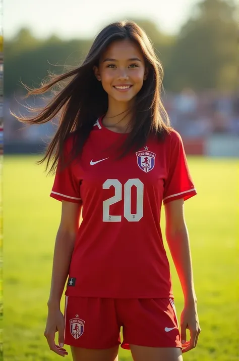  A beautiful white woman with long black hair sweet smile with bright white skin wearing a red jersey and shorts. Player number 20 .  bright atmosphere of the afternoon . football field.