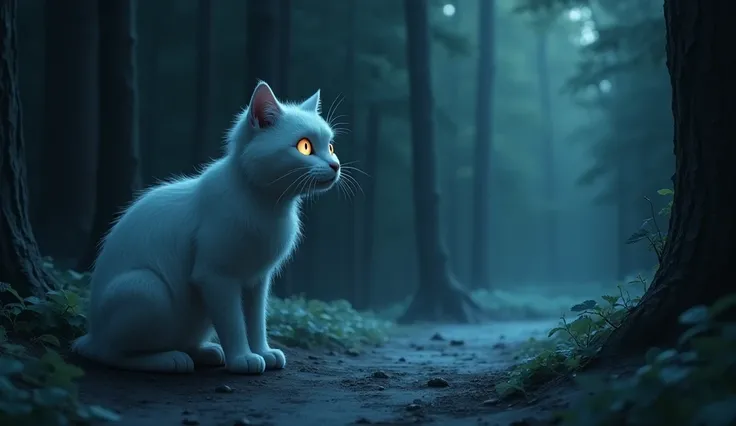 Cat  (Snowy) Stops and looks at Max, her eyes are frightened. She says in a slow voice, "Max, dont look back, someone is watching us." The scene depicts the slight darkness and mystery of the forest.

