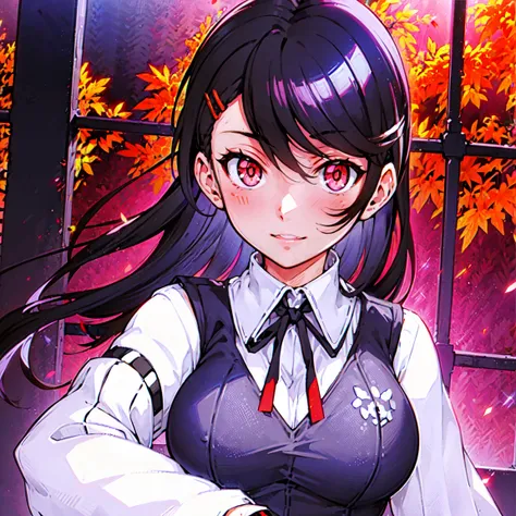 (perfect eyes, masterpiece, best quality:1.2), 1girl, solo, alone, red eyes, black hair, long hair, large breasts, school uniform, Sweater vest, (((gray outer and white tight sleeves))), collared shirt, short skirt, neck red ribbon, hair pin, anime best gi...