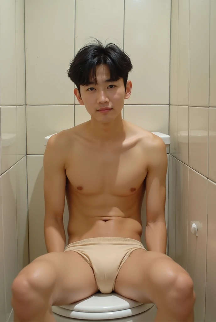 cute young korean boy, beige tight thong, spreading legs wide, sitting, oiled up, bathroom