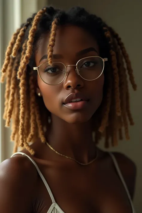 Sexy Lightskin black girl with medium dreads colored honey blond and had glasses that make her eyes bigger, her lips are really thick