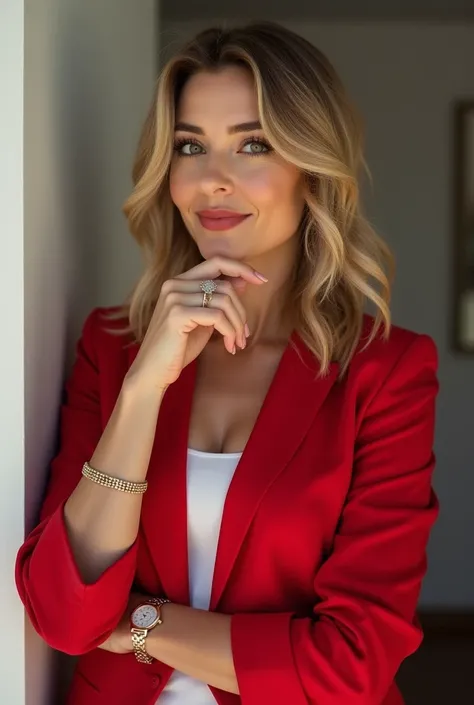  create an image of a 34-year-old woman weighing 58 kg , She has medium hair in the color blonde , this,  she has dark brown eyes , ela this usando uma camisa branca  blazer vermelho,  ela this com as unhas bem feitas e pitadas, ela this usando acessórios ...