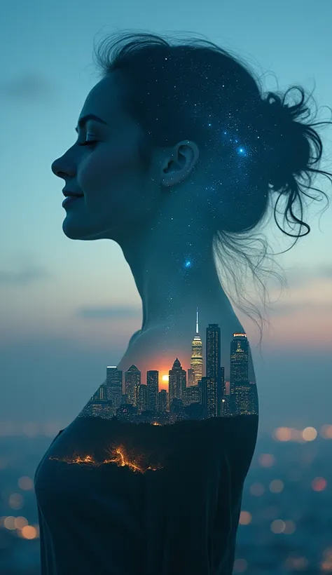 Masterpiece. Mysticism. High detail. Photorealism. Double exposure. Perfect anatomy. Girl against the moon darkened silhouette shrouded in fog, paradise city on a starry night twilight background, UHD, surreal, highly detailed masterpiece. Perfect anatomy....