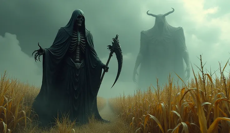 a sinister being who looks like the pain reaper of souls in a cornfield in an epic scene with gigantic creatures  