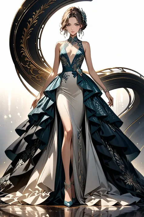 A highly detailed full body fashion illustration, featuring a confident woman wearing an elegant evening gown, designed with intricate floral patterns and a long flowing train, accessorized with sparkling jewelry. The character stands in a neutral studio e...