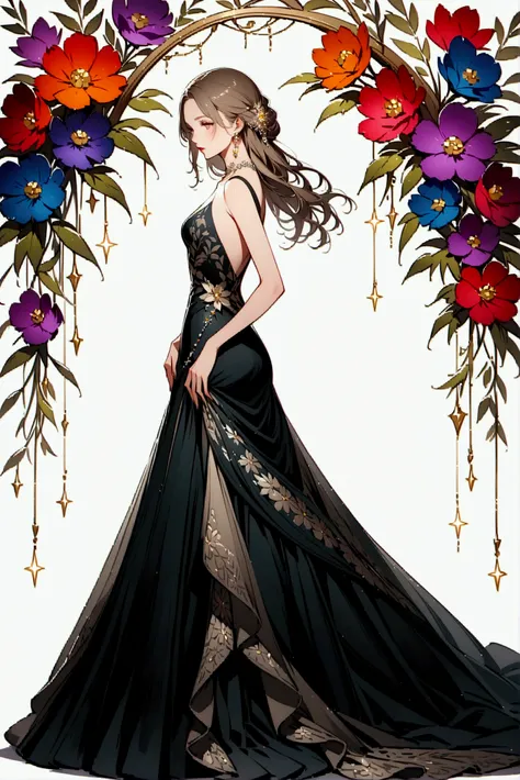 A highly detailed full body fashion illustration, featuring a confident woman wearing an elegant evening gown, designed with intricate floral patterns and a long flowing train, accessorized with sparkling jewelry. The character stands in a neutral studio e...