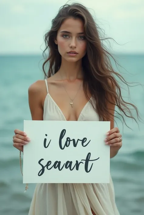  A beautiful girl with wavy long hair in a bohemian dress,  holding a white board with  "I Love Seaart Infinity" and showing it to the viewer