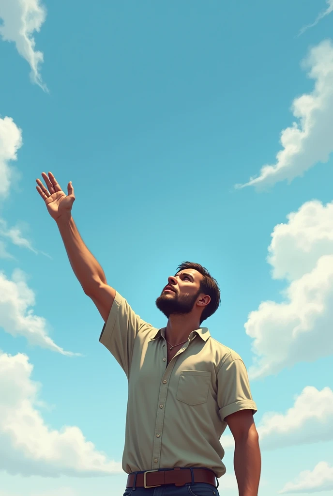 A man waves his hand towards the sky