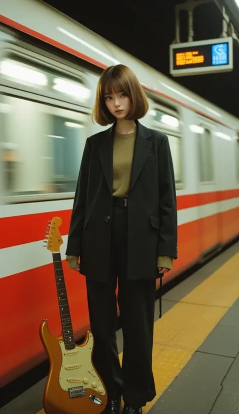 A modern, minimalist fashion photo portrait. The model is in motion on an underground station platform, with blurred movement. The scene features red and white stripes, she stands holding a golden electric guitar, glass reflections, and soft light. The ima...