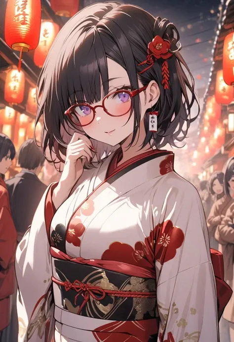 Alone, 1 girl, Black hair and half red underwear hair, The left eye is purple and the right eye is red ,Bob Hair, Long Sleeve, New Years, Red glasses