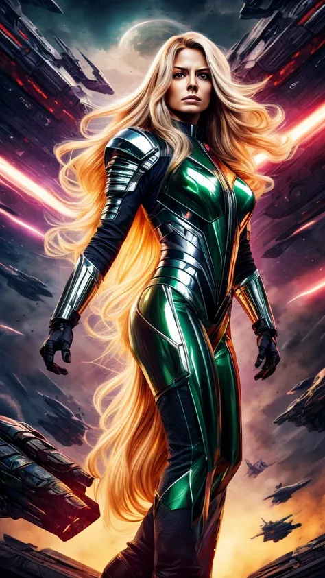 Best Quality, detailed acrylic illustration art, Beautiful space Woman, Angry expression face, blonde straight long hair, looking in side view at Viewer, metallic unfolded green purple chrome metal armor, chrome metal gloves, adjusting a military belt with...