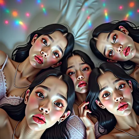 A harem of 5 middle teens with Innocence, LifeLike Live-Action, Natural blondies, albino skin tone, wearing pink String underwears that with Micro fabric area, laying on bed, Delicate Reflective eyes, photorealistic, 8K HDR, Super-Detailed Textures, Lumino...