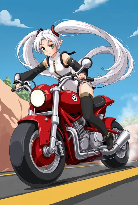 (masterpiece、 top quality 、 top quality 、 Official Art、 beautiful beautiful:1.2)、(1 person:1.3) Hatsune Miku 、 twin tails, Beautiful breasts ,  cute girl,Anime image of a woman sliding a big red motorcycle on the road, AkSlide,Nereil, Freeze , Elf,  pointe...