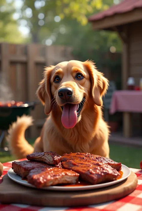 Create an image of a dog eating barbecue