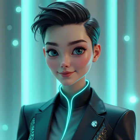 A photorealistic AI avatar of a professional individual with a futuristic yet approachable look. The person has a sharp, symmetrical face, neatly styled hair, and glowing teal accents in their formal attire. The background is a sleek, gradient of silver an...