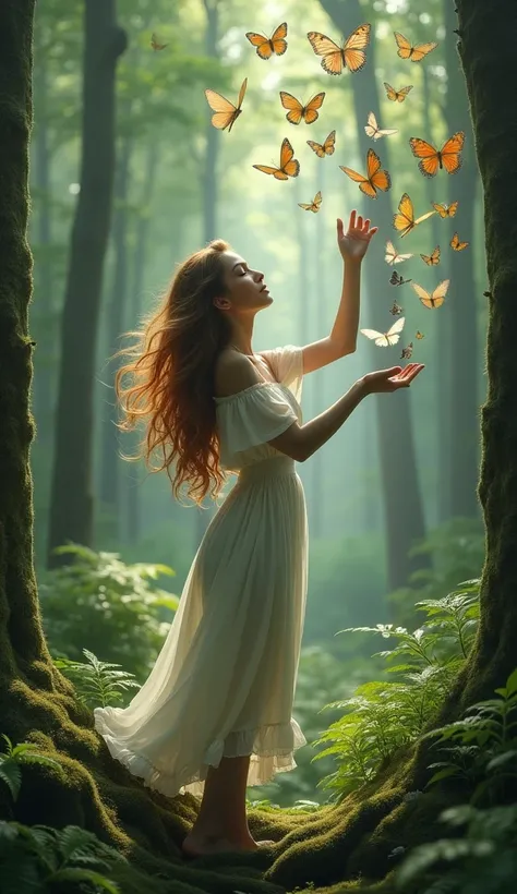 Create realistic image of a woman with long hair in a forest ,  SHE HAS ARMS OPEN UP AND LOTS OF BUTTERFLIES FLYING OUT OF HER