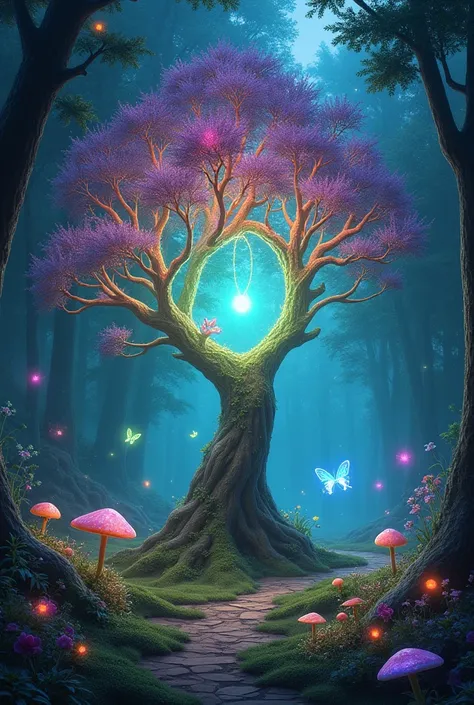 
"A realistic fantasy forest scene featuring a glowing magical tree lock at its center. The tree radiates vibrant, multicolored light from its branches and roots, which spread outward with intricate glowing patterns. The forest is dense with lush greenery,...