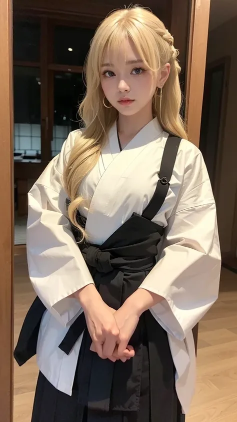 masterpiece, best quality,8k ,(((37歳))),BLACK eyes,(((small girl,blonde hair))),((miko clothe, hakama,),small girl,small breasts,((medium long hair, wavy hair)),earrings