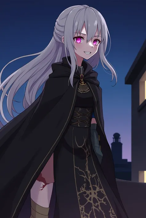 1girl, High Resolution, Masterpiece, Best Quality, night time, robotic arms, robotic legs, black assasin robe with gold accents, black cloak, ponytail braided hair, long white hair, braided ponytail, pink eyes, glowing pink eyes, night, blood on face, evil...