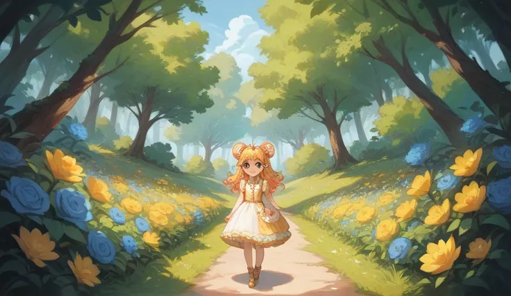 A young girl with bright yellow, golden, sparkling hair, wearing a simple, cute dress, standing in a sunny meadow surrounded by flowers. She looks curious and adventurous, with a gentle and innocent expression. Background: forest entrance.