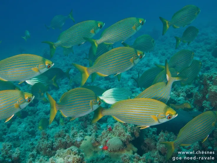 sélectionne les poissons comme motif et recrée un banc de ces même poissons mais vu de plus loin, je veux quau milieu des poisson tu ajoute un traineau tiré par des rennes de Noël. Le tout sous leau.