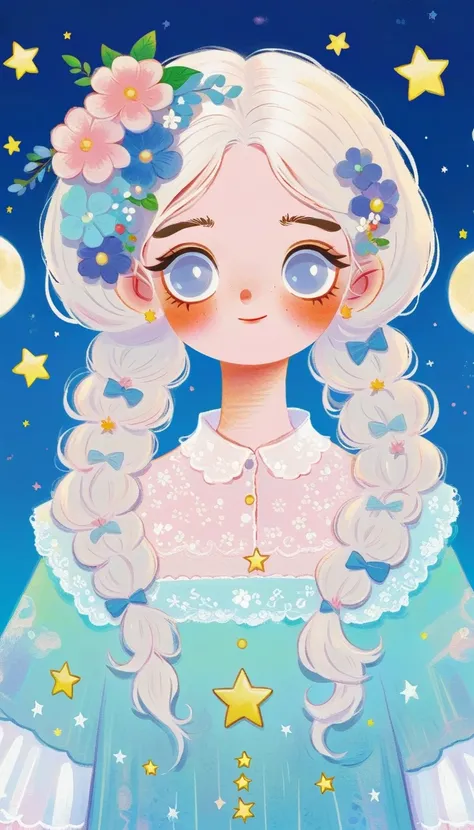 masterpiece,  Best Quality ,  cute hand-painted ,  picture book illustration ， 1 girl,  unique , White hair flower ， shirt lace collar ,  blush, Hair accessories, 受众, crescent moon and stars on top， big blank top ， characters take up 30 %%， blue background