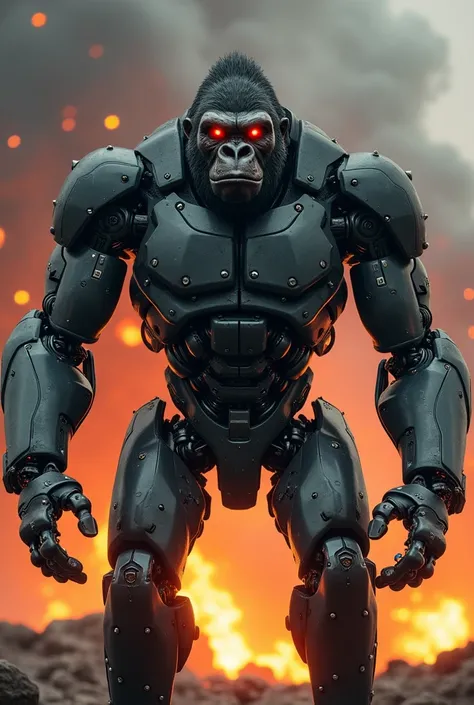 Gorilla robot, Looking at the camera, fire background, red eyes