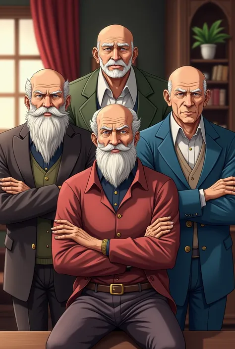 Four old men with stern facial expressions, all have facial hair, arms crossed or on hips, each on uniquely designed, in a living room, anime.