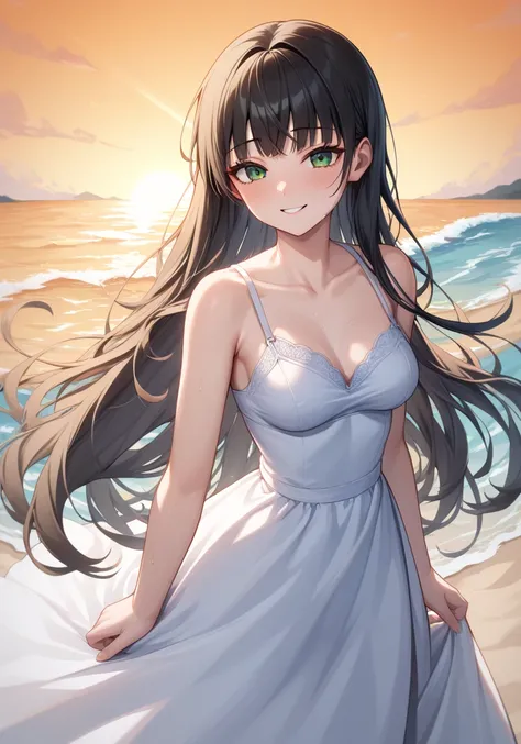  general , high resolution ,  super detailed, Very aesthetic, top quality , Imai Mio  ,  long hair,  brunette ,  green eyes ,  black hair,  bangs ,  light smile ,
Alone, cold wind, princess dress, long dress, princess, sundress, pleasure,  8k, beach, Orang...