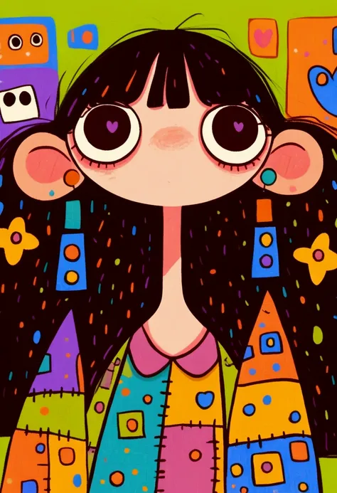 Flat wind，vector， childish art cartoon ， brunette big earrings anime girl, big eyes， Lovely expression ， bangs， minimalism，Blouse with a large collar，Patchwork，Lovely art style,  colorful! Digital illustration style, Mathematical Art.  colorful comic,   ha...