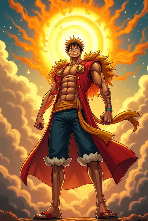 make me an illustration of sun god of nika Luffy with a cool pose