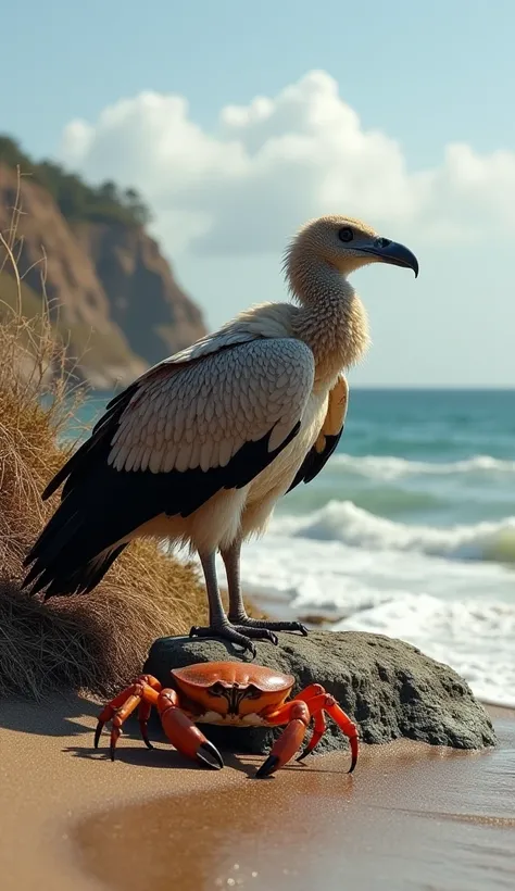 **"A life-size vulture, approximately 1 meter tall, stands next to a medium-sized crab, approximately 30 cm tall, both at their actual sizes. The scene is a coastal cliff, combining the natural habitats of both animals. The vulture is perched on a rock, wi...