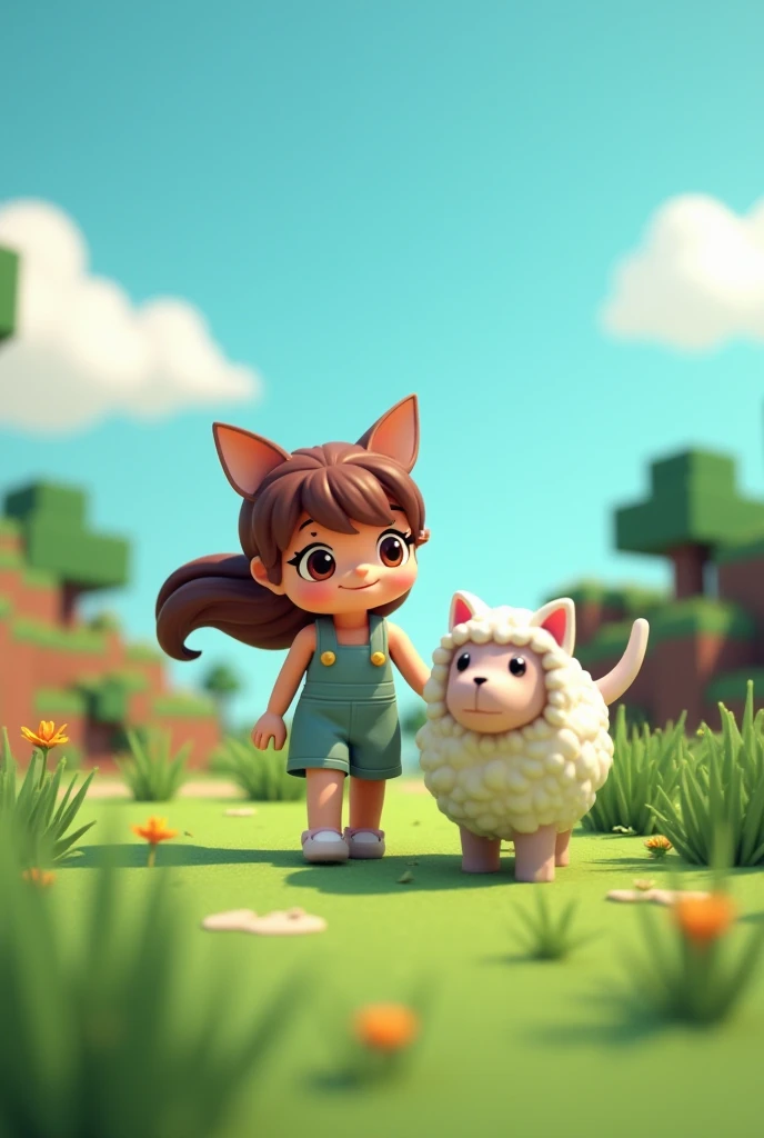  Create a Minecraft style image .  A girl with brown hair and cat ears with a tail and brown eyes. Walking with a sheep .  happy expression 