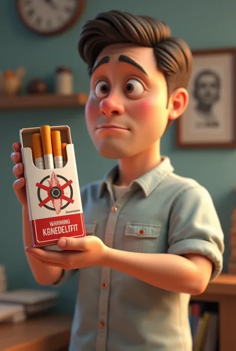 A man bought a cigarette packet with a warning written on it. 3d cartoon realistic ai image 